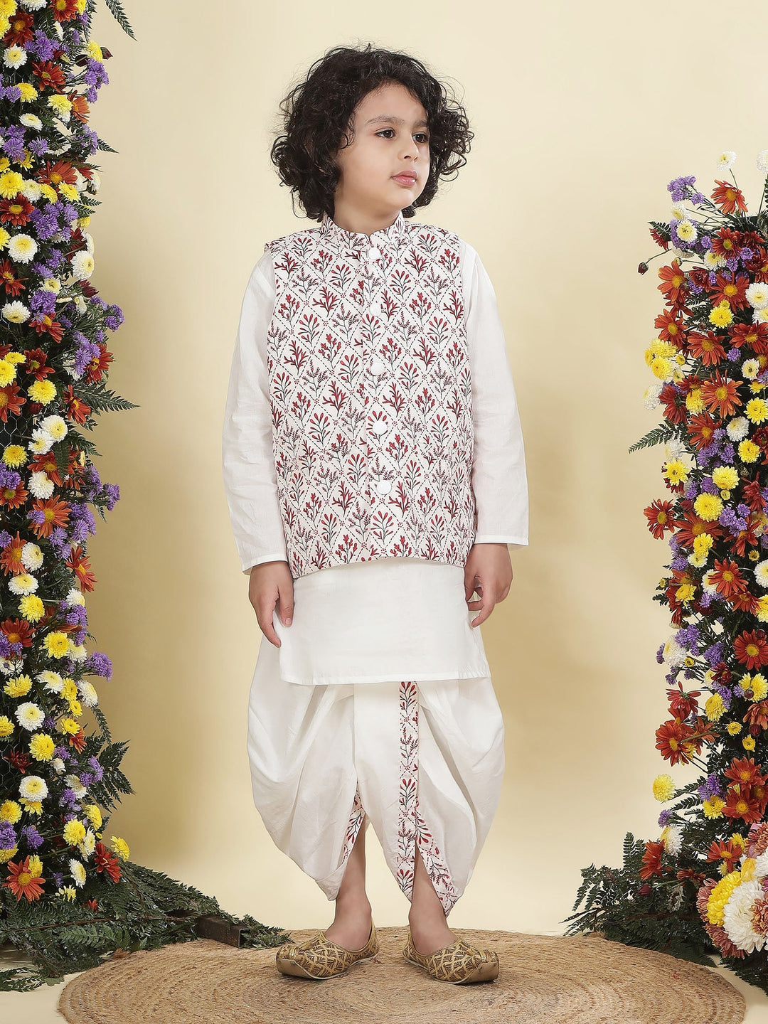 Cream Floral Nehru Jacket with Cotton Kurta Dhoti Set | SHOBITAM