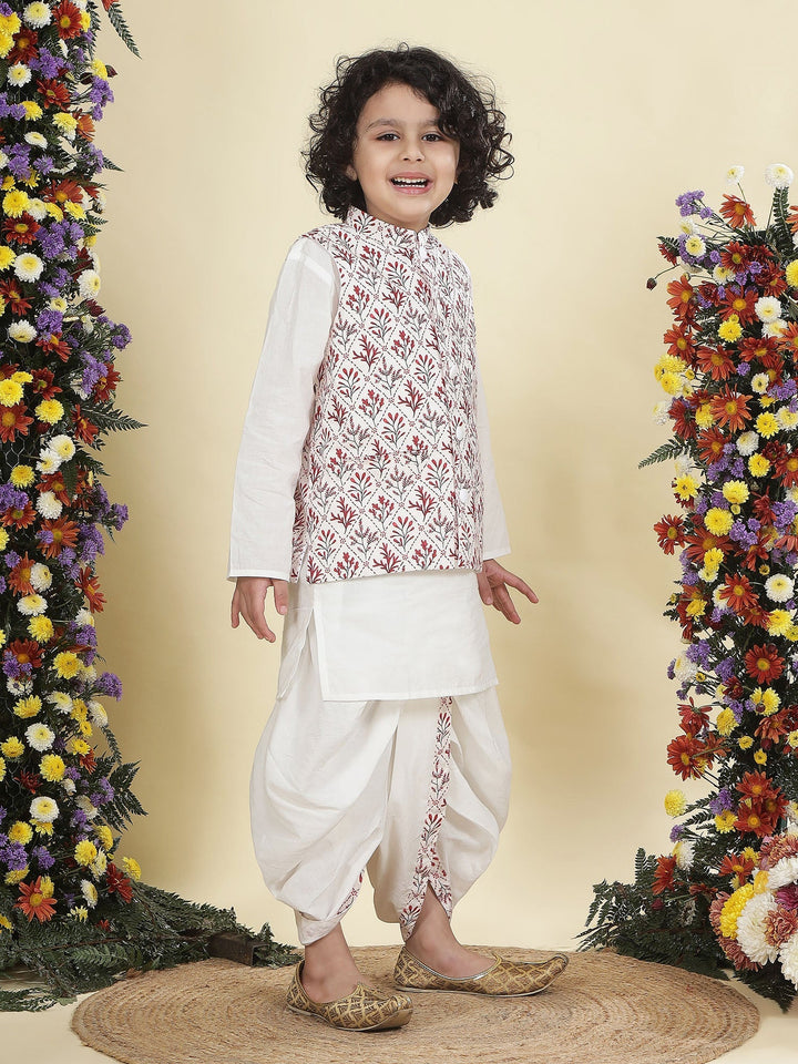 Cream Floral Nehru Jacket with Cotton Kurta Dhoti Set | SHOBITAM