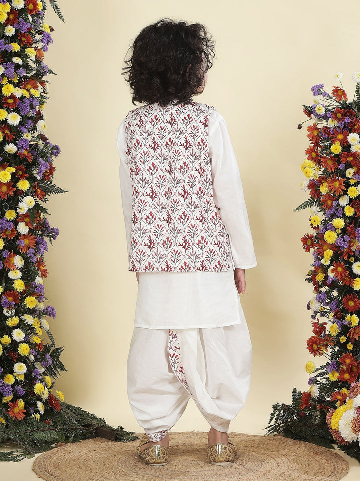 Cream Floral Nehru Jacket with Cotton Kurta Dhoti Set | SHOBITAM