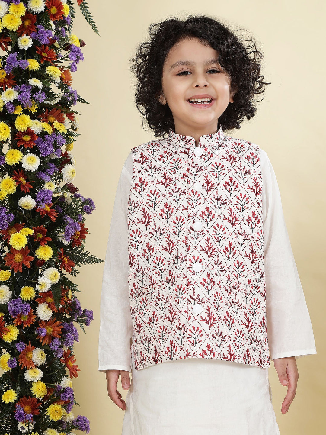 Cream Floral Nehru Jacket with Cotton Kurta Dhoti Set | SHOBITAM