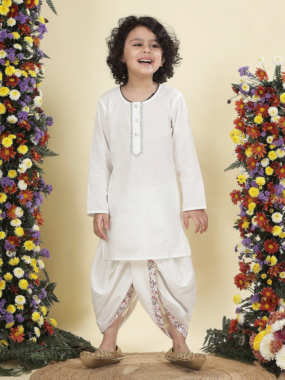 Cream Floral Nehru Jacket with Cotton Kurta Dhoti Set | SHOBITAM