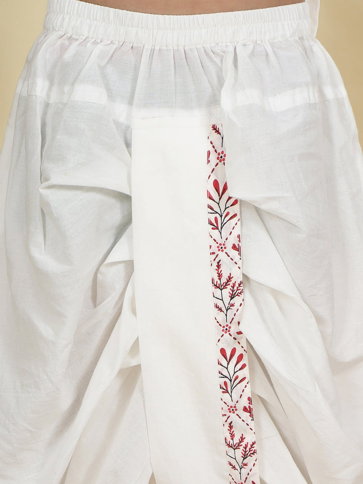 Cream Floral Nehru Jacket with Cotton Kurta Dhoti Set | SHOBITAM