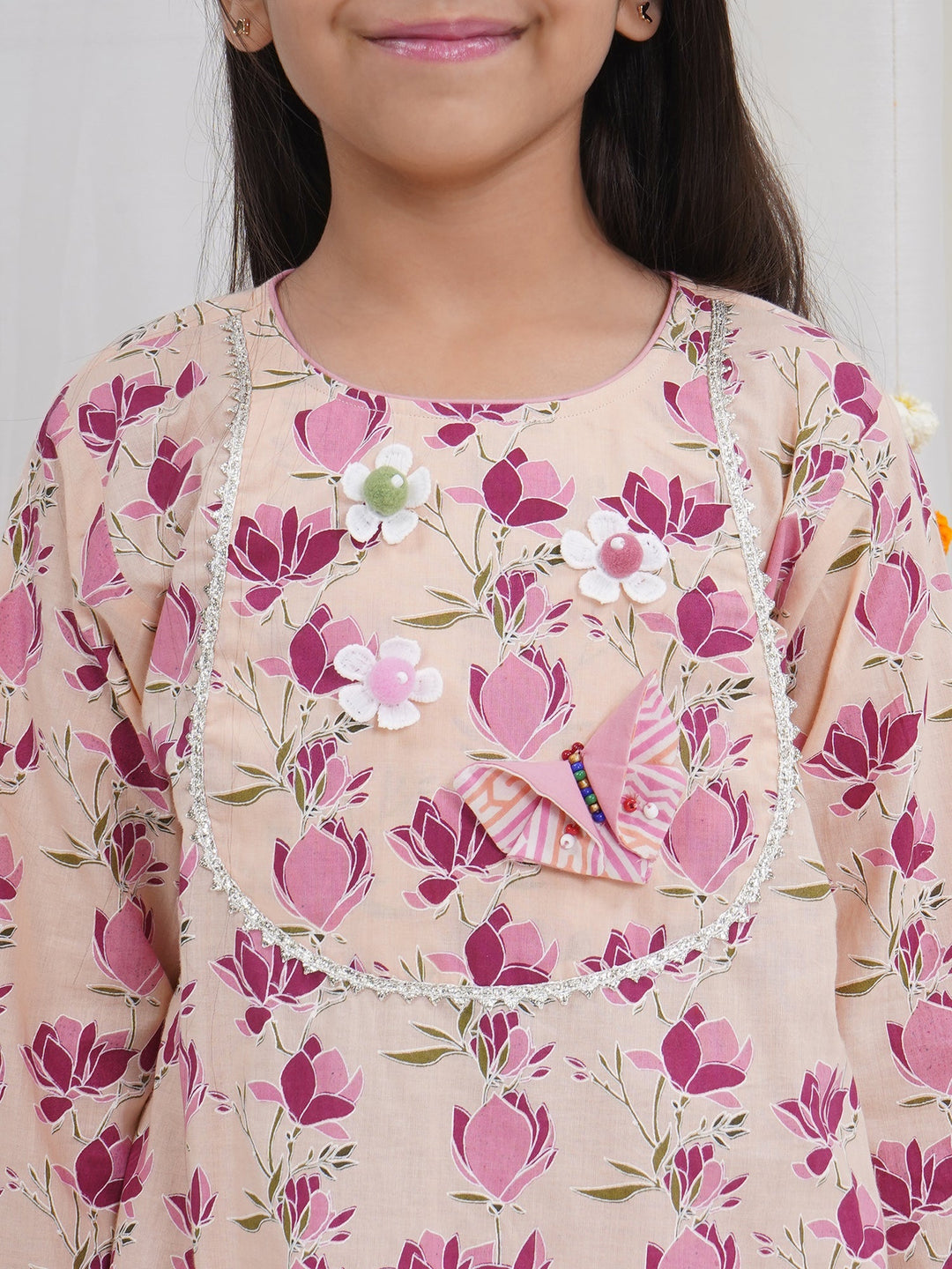 Peach Lotus Print Cotton Kurta Salwar Set with Butterfly handwork and Dupatta | SHOBITAM