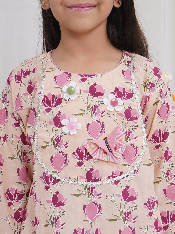 Peach Lotus Print Cotton Kurta Salwar Set with Butterfly handwork and Dupatta | SHOBITAM