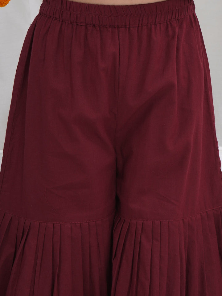 Girls Maroon Chanderi Semi-Silk Kurta Sharara Set with Dupatta and Cotton Lining | SHOBITAM