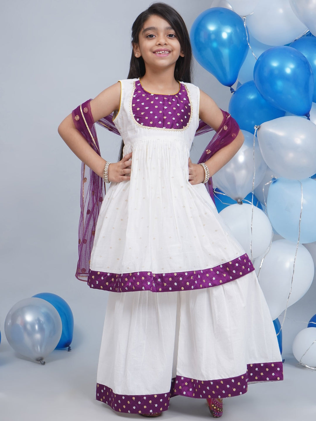 Girls White & Purple Chanderi Semi-Silk Kurta Sharara Set with Dupatta and Cotton Lining | SHOBITAM