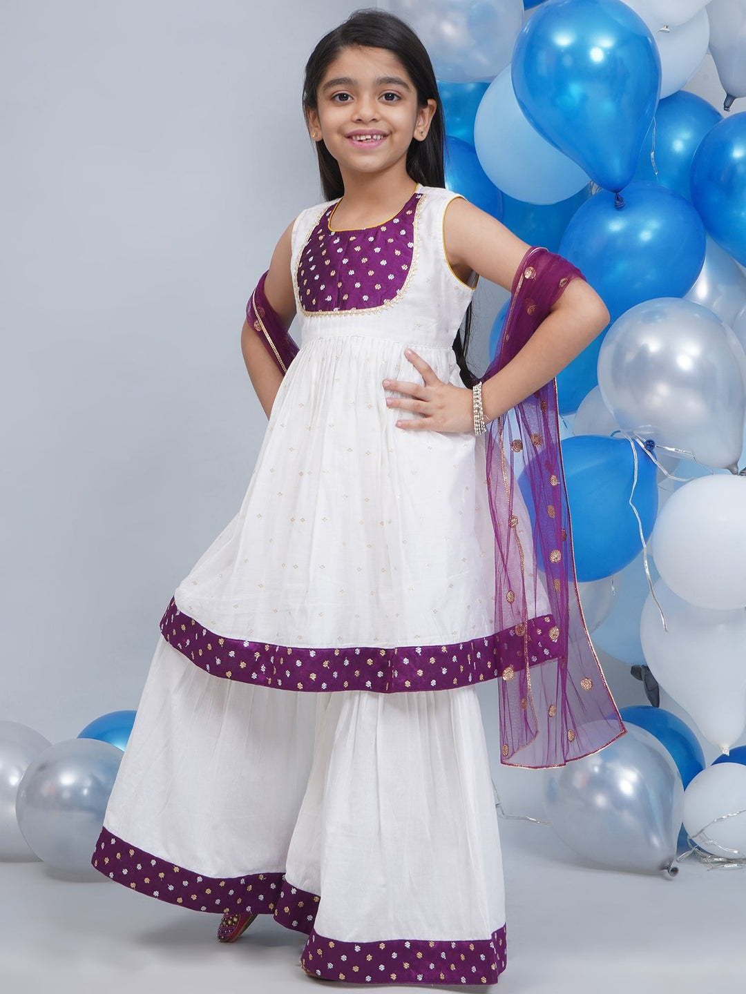 Girls White & Purple Chanderi Semi-Silk Kurta Sharara Set with Dupatta and Cotton Lining | SHOBITAM