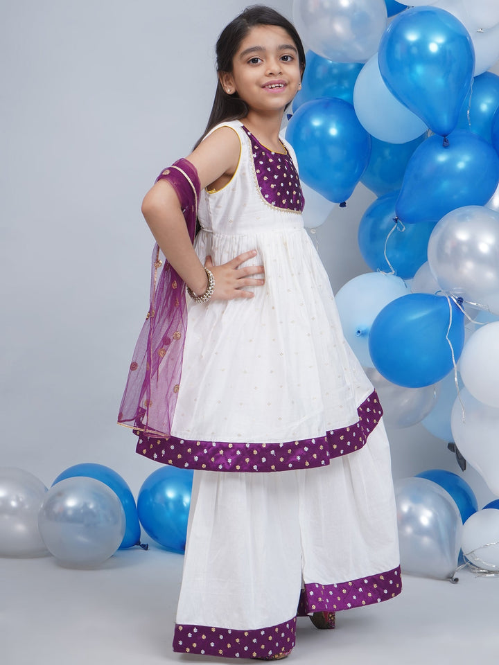 Girls White & Purple Chanderi Semi-Silk Kurta Sharara Set with Dupatta and Cotton Lining | SHOBITAM