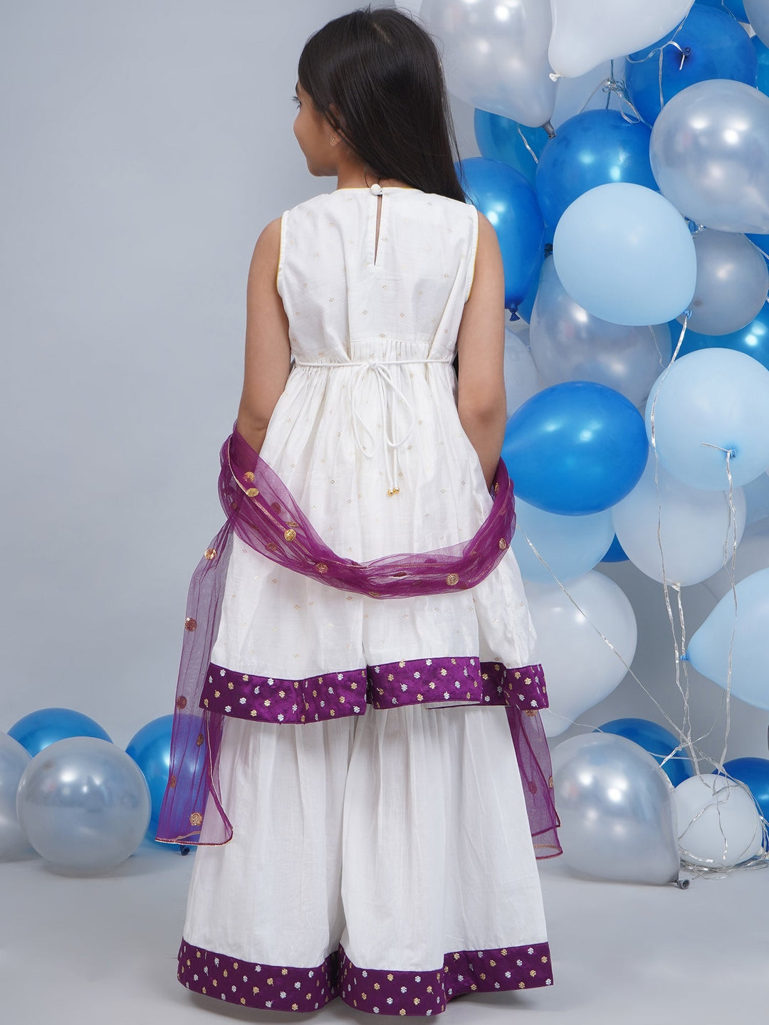 Girls White & Purple Chanderi Semi-Silk Kurta Sharara Set with Dupatta and Cotton Lining | SHOBITAM