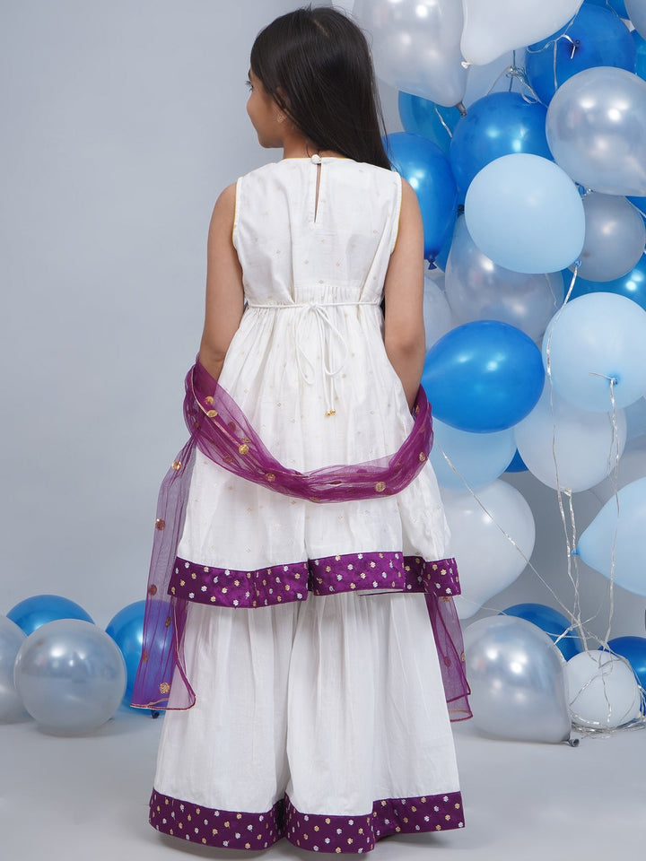 Girls White & Purple Chanderi Semi-Silk Kurta Sharara Set with Dupatta and Cotton Lining | SHOBITAM