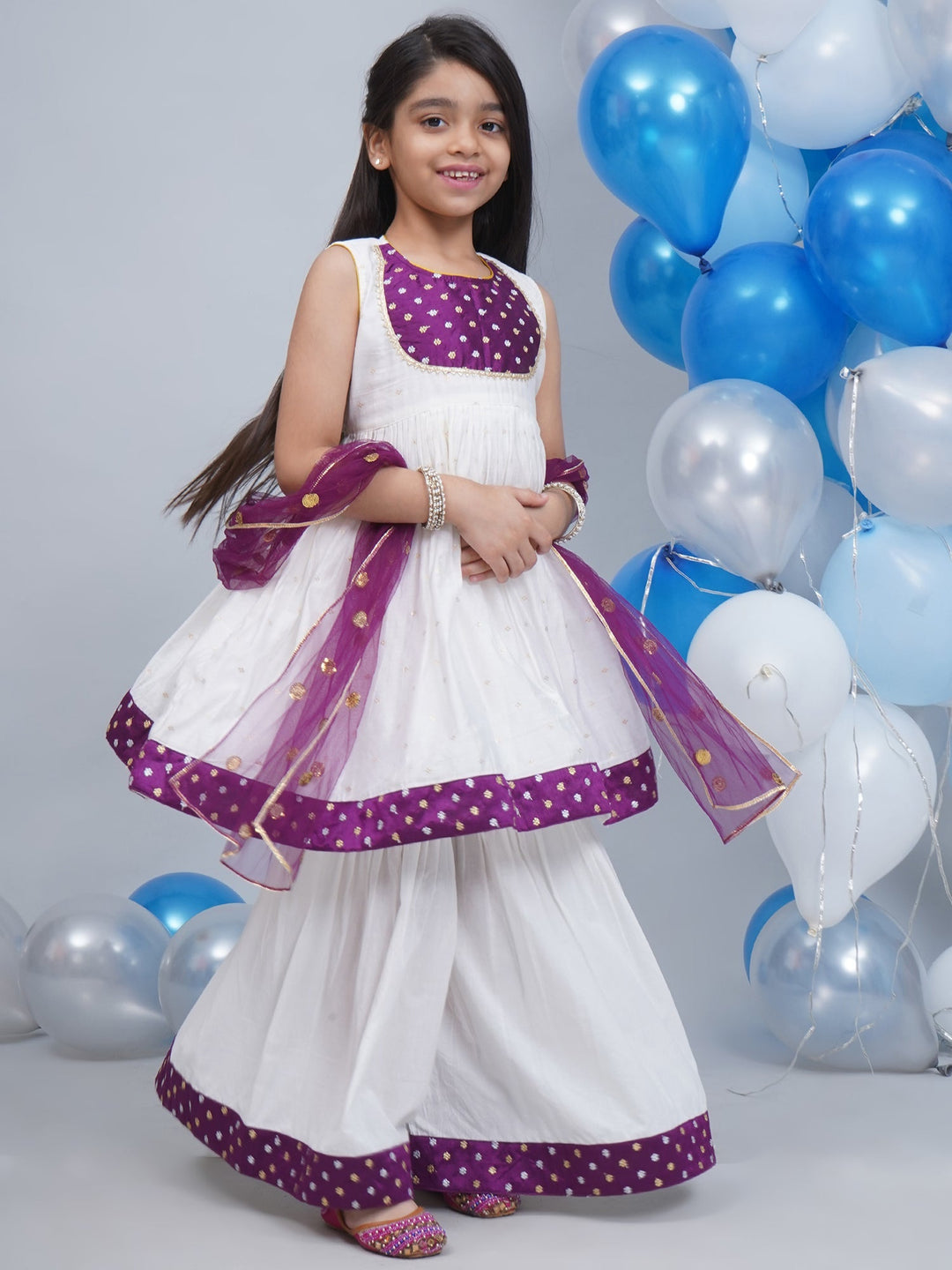 Girls White & Purple Chanderi Semi-Silk Kurta Sharara Set with Dupatta and Cotton Lining | SHOBITAM