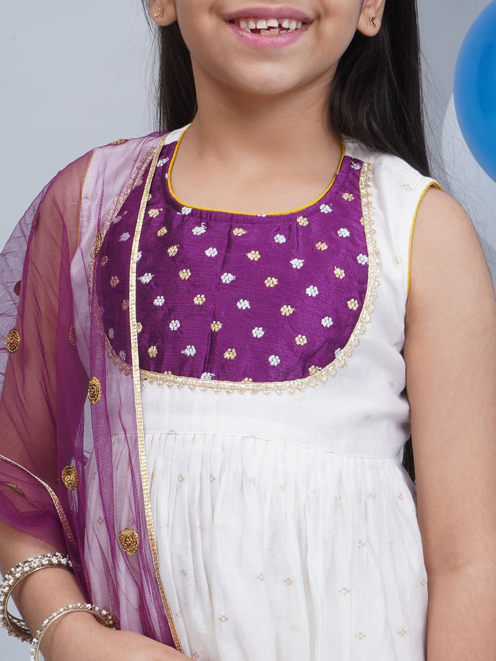 Girls White & Purple Chanderi Semi-Silk Kurta Sharara Set with Dupatta and Cotton Lining | SHOBITAM