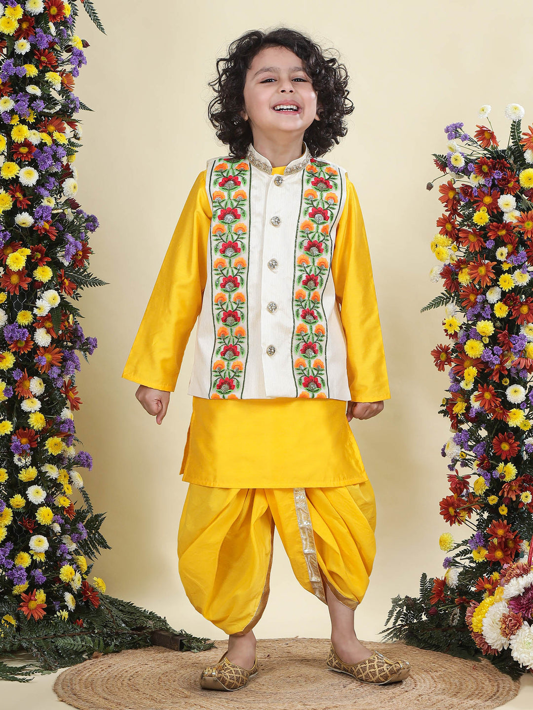 Floral Embroidered Mulberry Nehru Jacket with Yellow Cotton Kurta Dhoti Set | SHOBITAM