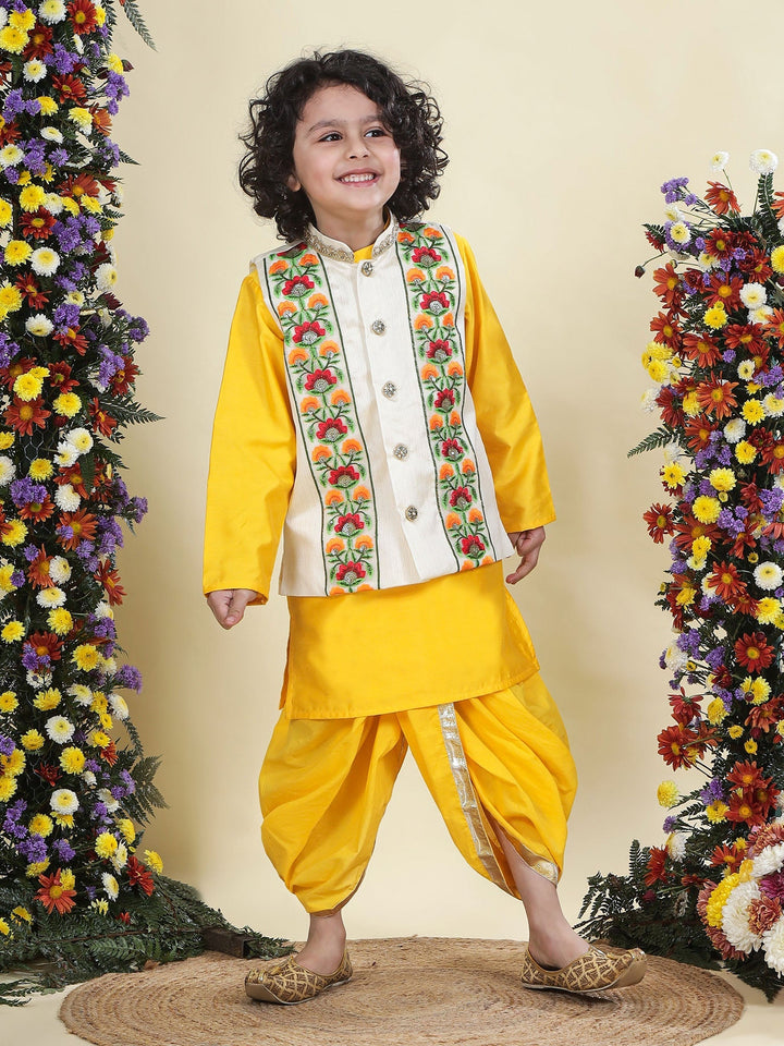 Floral Embroidered Mulberry Nehru Jacket with Yellow Cotton Kurta Dhoti Set | SHOBITAM