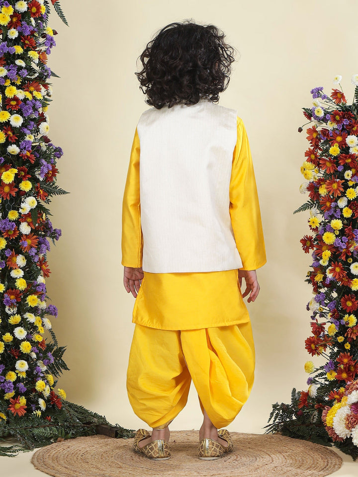 Floral Embroidered Mulberry Nehru Jacket with Yellow Cotton Kurta Dhoti Set | SHOBITAM