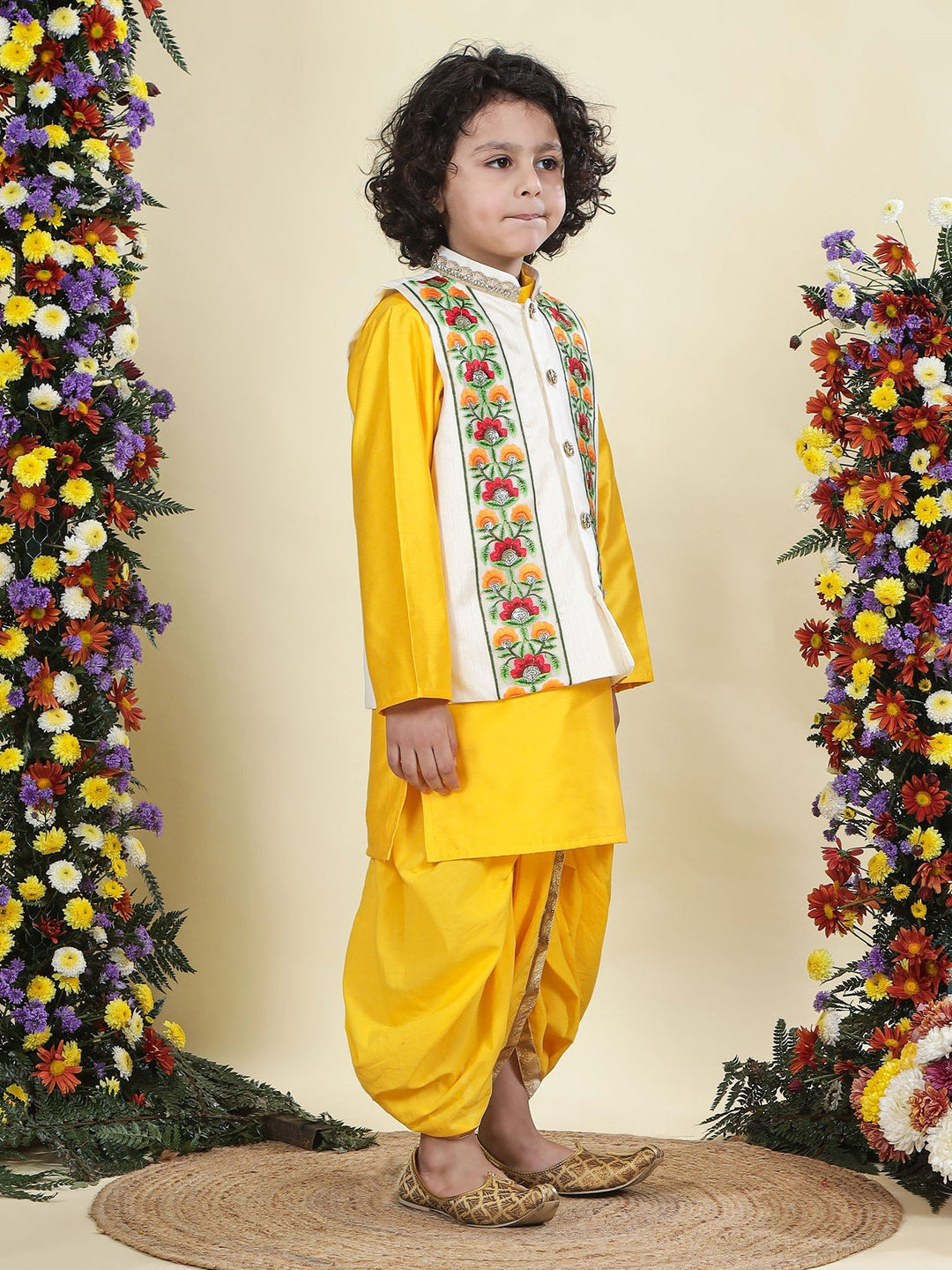 Floral Embroidered Mulberry Nehru Jacket with Yellow Cotton Kurta Dhoti Set | SHOBITAM
