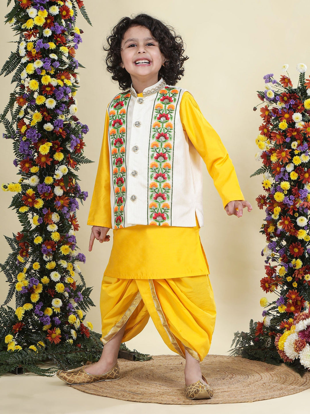 Floral Embroidered Mulberry Nehru Jacket with Yellow Cotton Kurta Dhoti Set | SHOBITAM