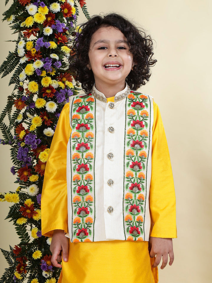 Floral Embroidered Mulberry Nehru Jacket with Yellow Cotton Kurta Dhoti Set | SHOBITAM