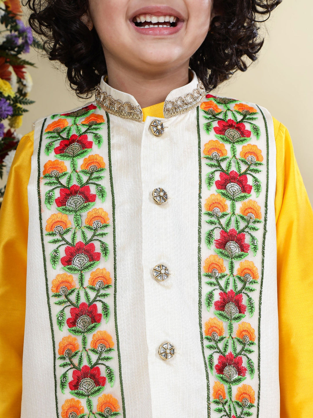 Floral Embroidered Mulberry Nehru Jacket with Yellow Cotton Kurta Dhoti Set | SHOBITAM