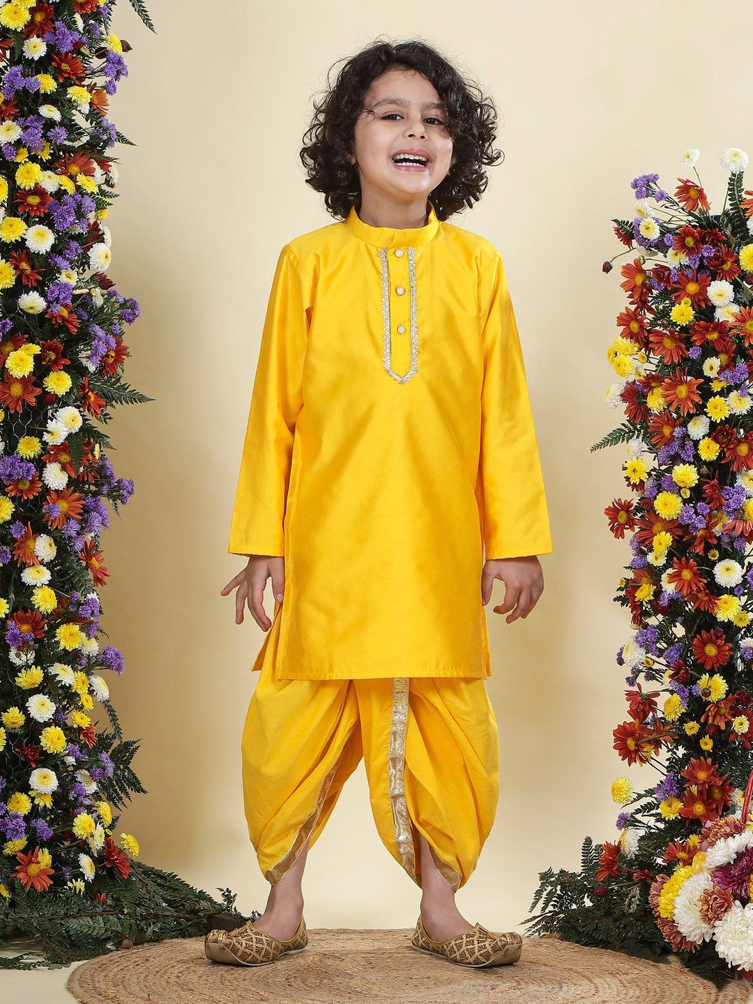 Floral Embroidered Mulberry Nehru Jacket with Yellow Cotton Kurta Dhoti Set | SHOBITAM