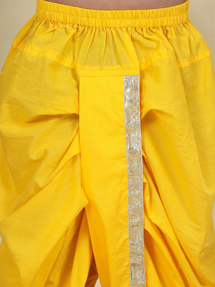Floral Embroidered Mulberry Nehru Jacket with Yellow Cotton Kurta Dhoti Set | SHOBITAM