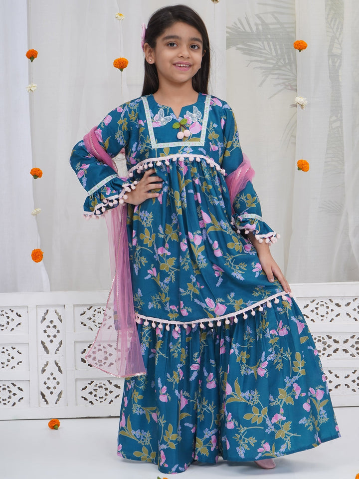 Girls Turquoise Green Muslin Tulip Kurta Sharara Set with Pom Pom Work and Dupatta | SHOBITAM