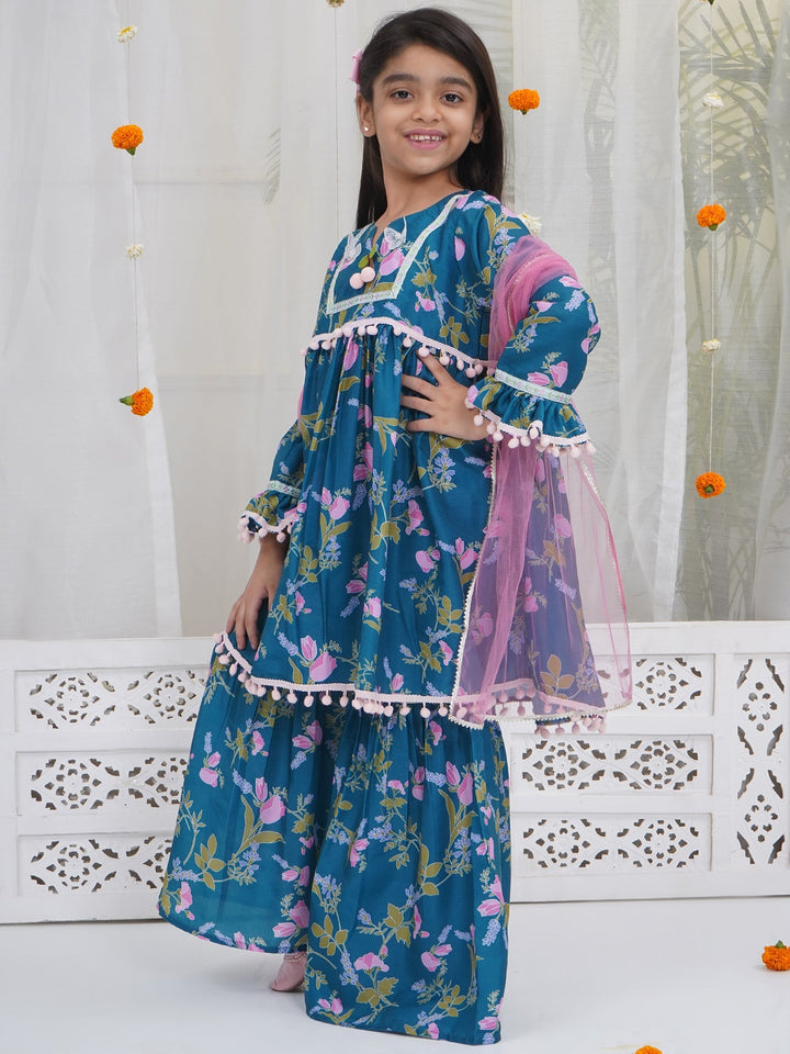 Girls Turquoise Green Muslin Tulip Kurta Sharara Set with Pom Pom Work and Dupatta | SHOBITAM