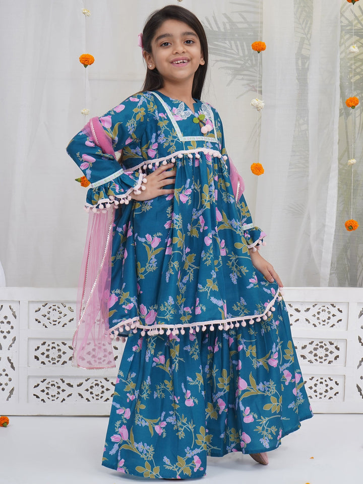 Girls Turquoise Green Muslin Tulip Kurta Sharara Set with Pom Pom Work and Dupatta | SHOBITAM