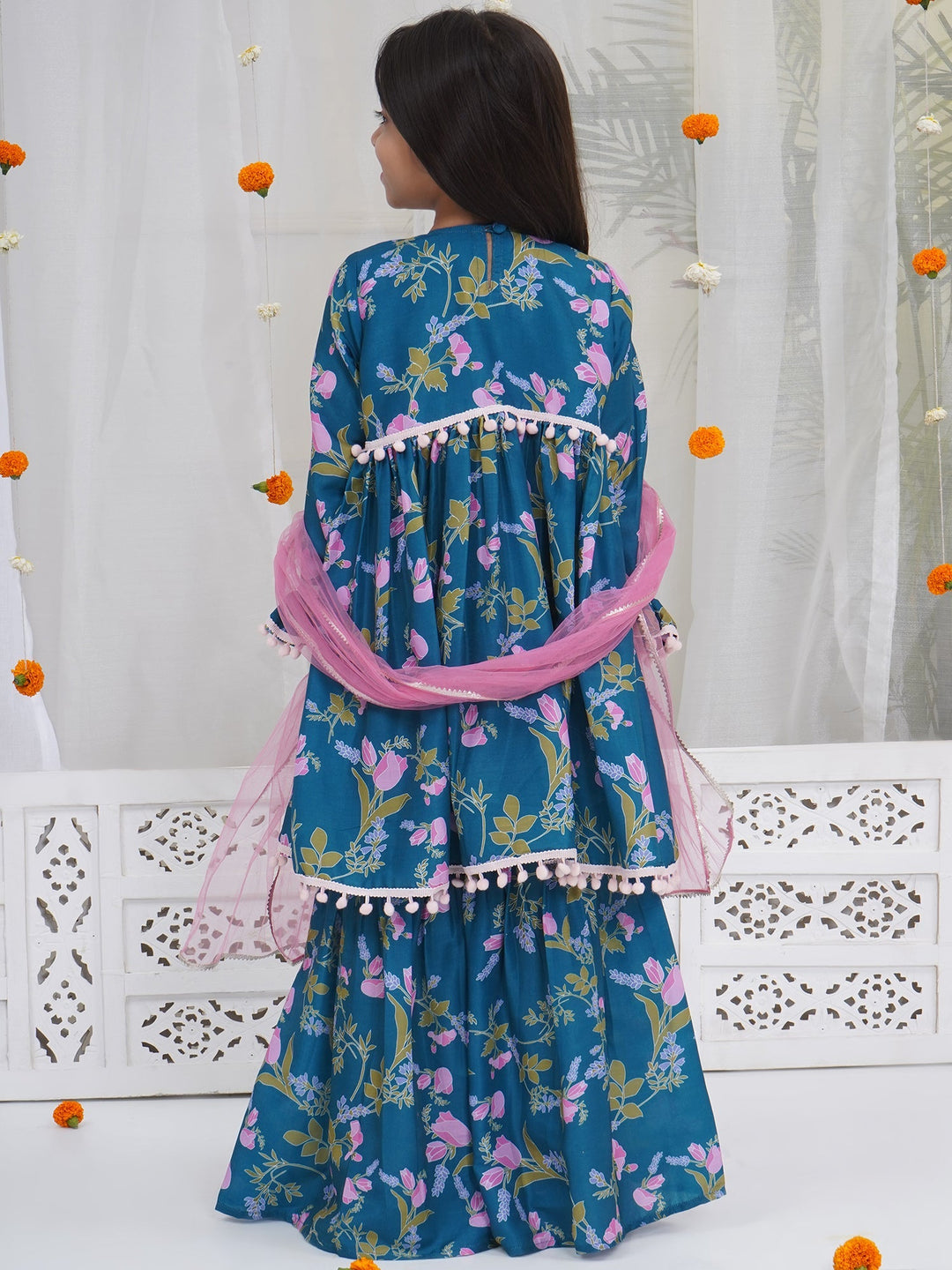 Girls Turquoise Green Muslin Tulip Kurta Sharara Set with Pom Pom Work and Dupatta | SHOBITAM