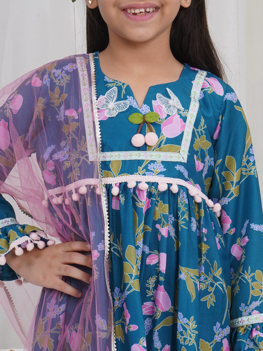 Girls Turquoise Green Muslin Tulip Kurta Sharara Set with Pom Pom Work and Dupatta | SHOBITAM