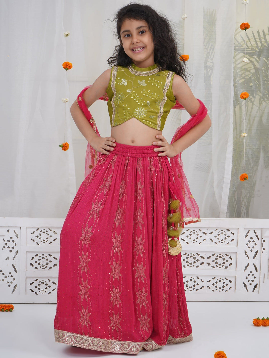 Girls Mehendi Green Embroidered Crop Top with Maroon Lehenga and Dupatta | SHOBITAM