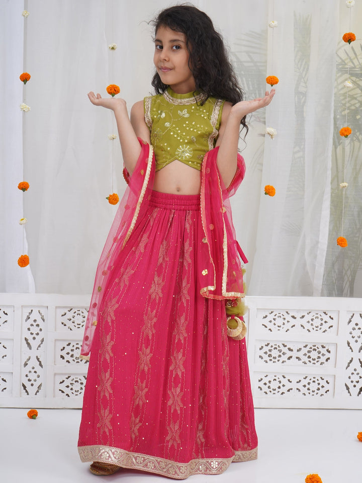 Girls Mehendi Green Embroidered Crop Top with Maroon Lehenga and Dupatta | SHOBITAM