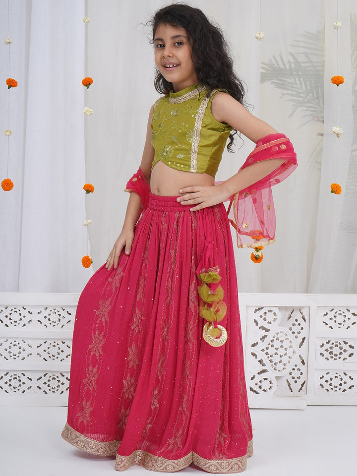 Girls Mehendi Green Embroidered Crop Top with Maroon Lehenga and Dupatta | SHOBITAM