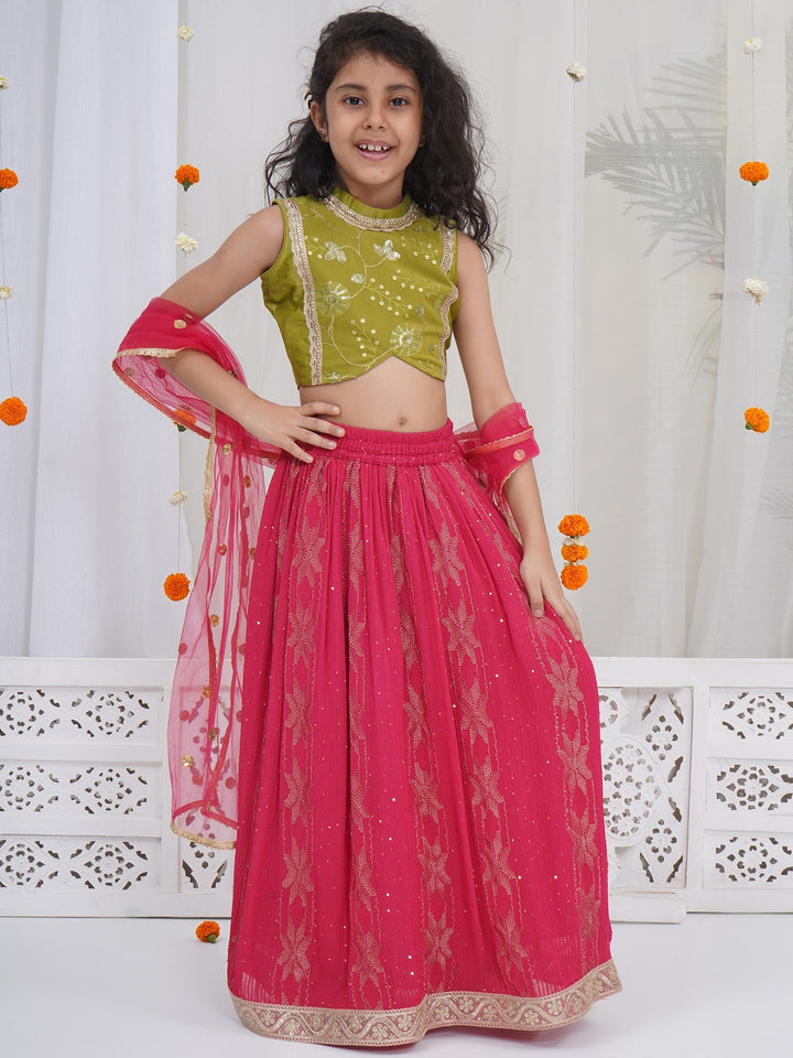 Girls Mehendi Green Embroidered Crop Top with Maroon Lehenga and Dupatta | SHOBITAM