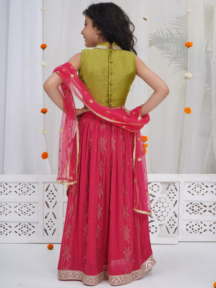 Girls Mehendi Green Embroidered Crop Top with Maroon Lehenga and Dupatta | SHOBITAM