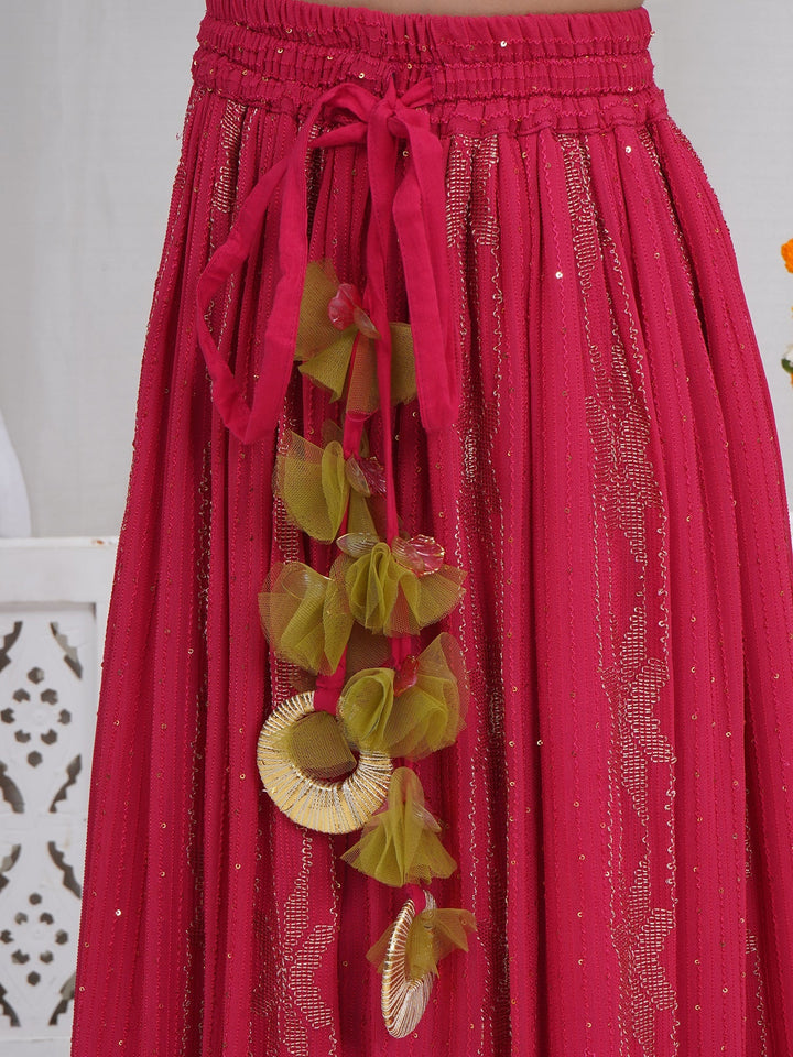 Girls Mehendi Green Embroidered Crop Top with Maroon Lehenga and Dupatta | SHOBITAM