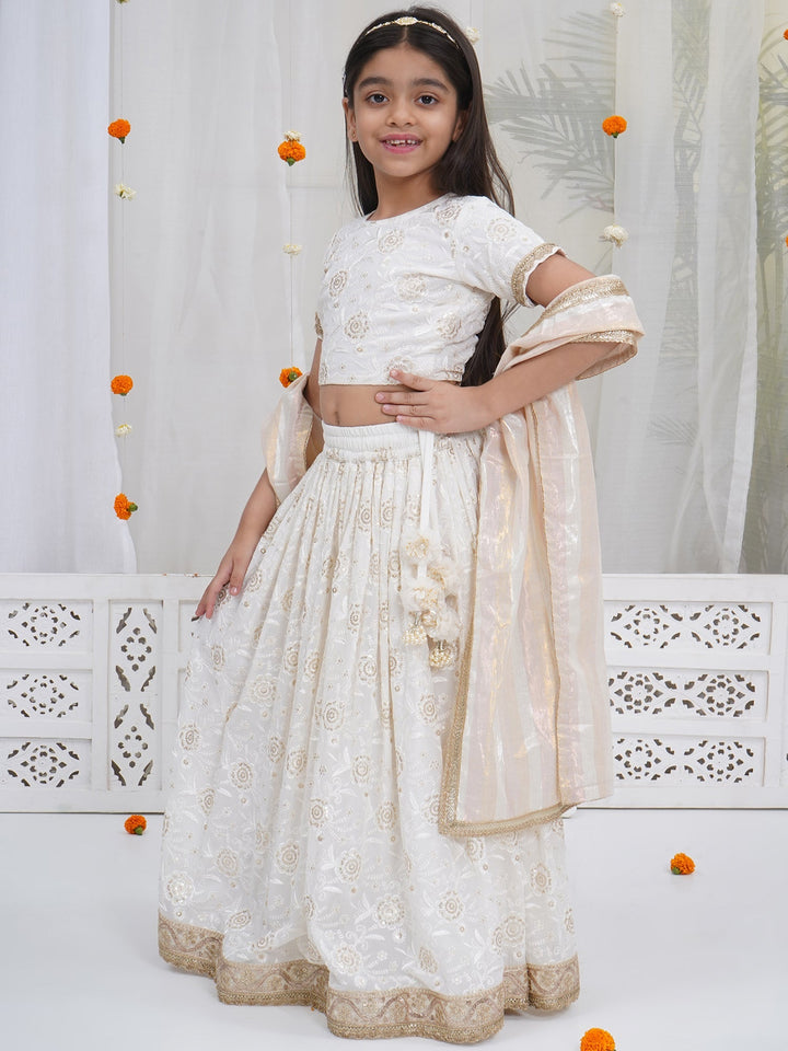 Girls White Floral Embrodiery Royal Lehenga Set | SHOBITAM