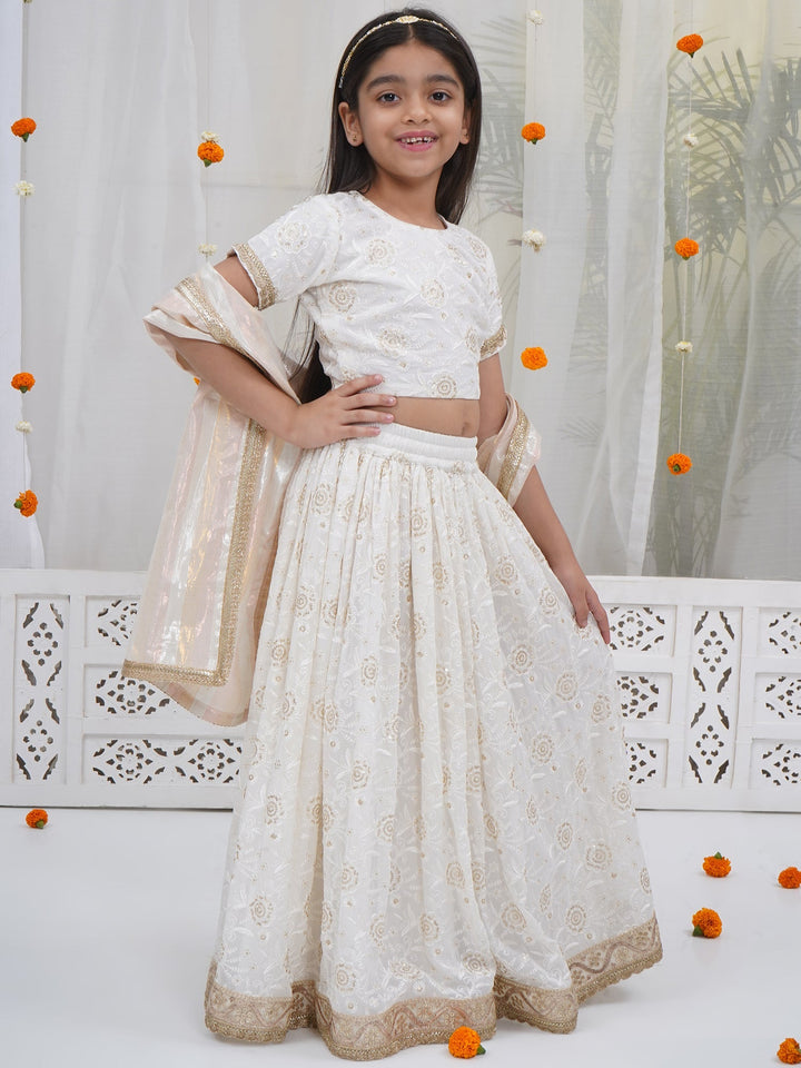 Girls White Floral Embrodiery Royal Lehenga Set | SHOBITAM