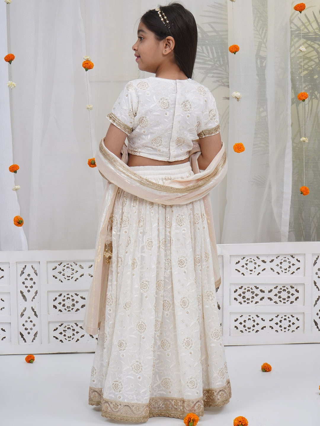 Girls White Floral Embrodiery Royal Lehenga Set | SHOBITAM