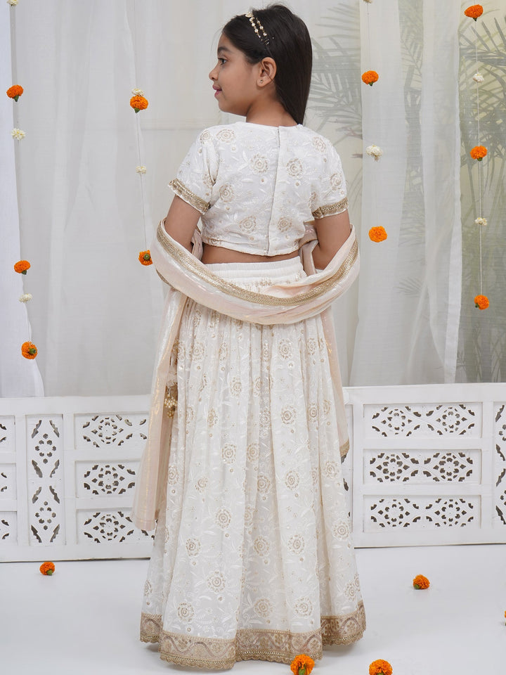 Girls White Floral Embrodiery Royal Lehenga Set | SHOBITAM