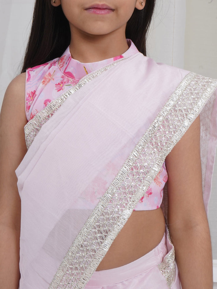 Girls Baby Pink Muslin Flamingo Blouse with Chanderi Semi-Silk Ready to wear Saree | SHOBITAM