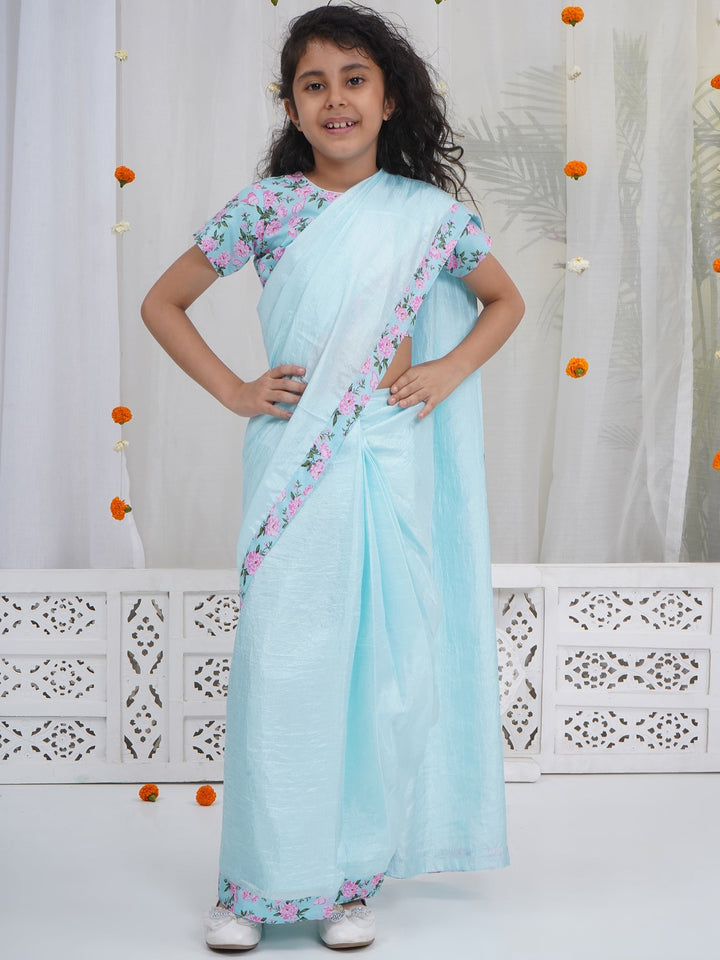 Girls Blue Chanderi Semi-Silk Saree Set with Floral Butterfly Blouse | SHOBITAM
