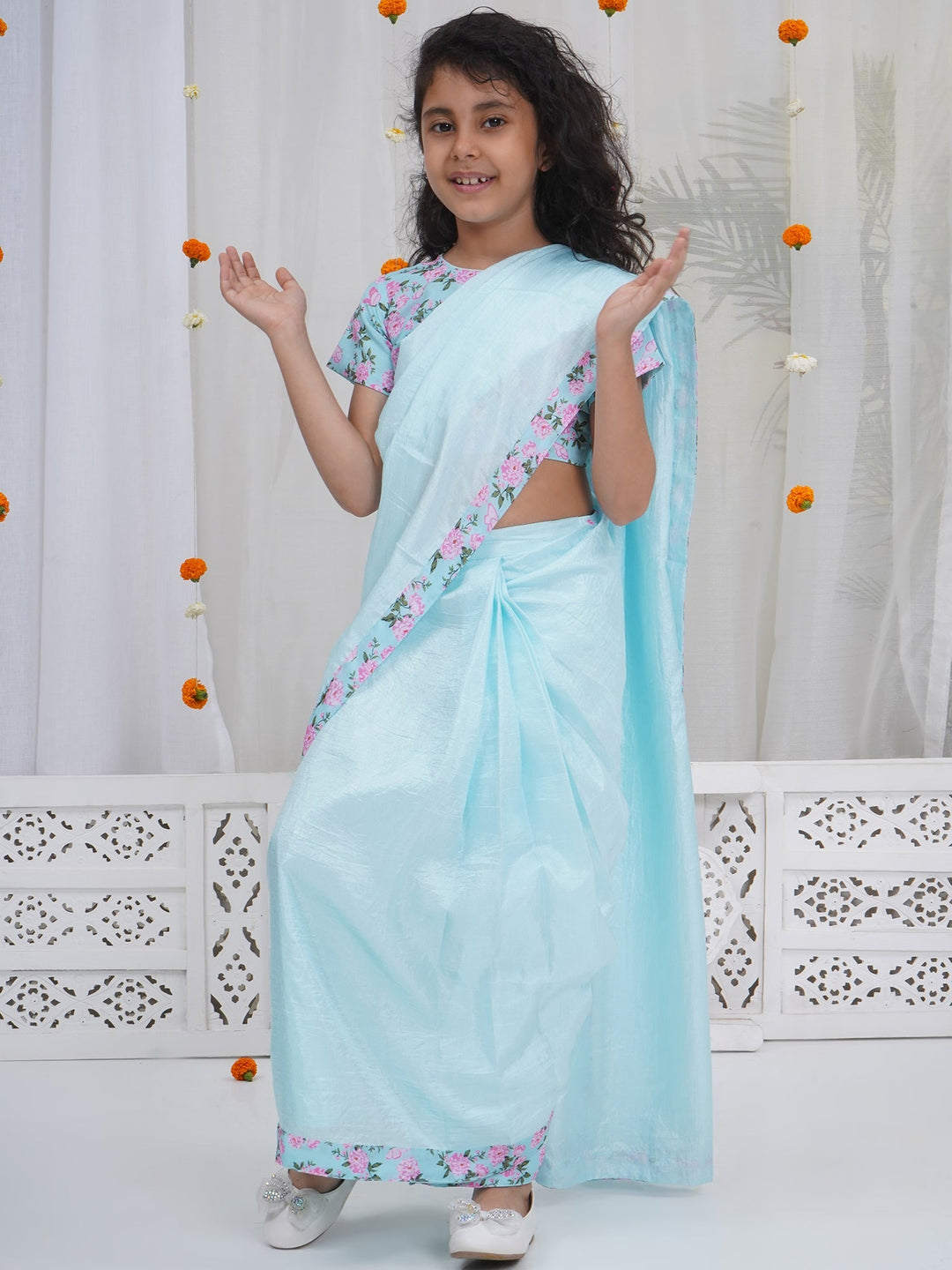 Girls Blue Chanderi Semi-Silk Saree Set with Floral Butterfly Blouse | SHOBITAM