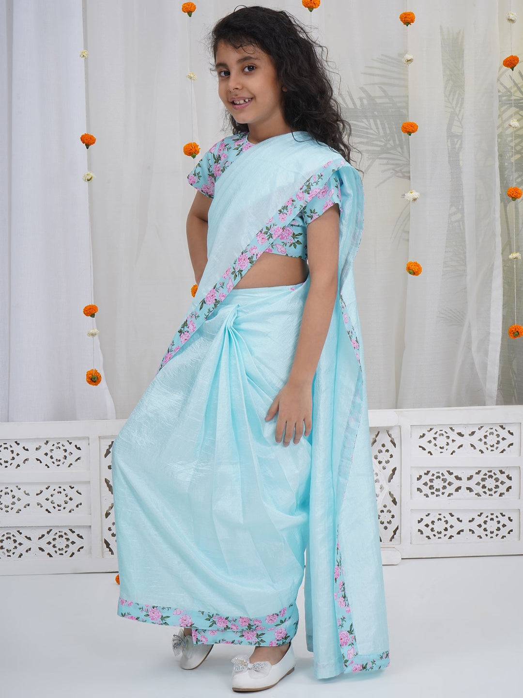 Girls Blue Chanderi Semi-Silk Saree Set with Floral Butterfly Blouse | SHOBITAM