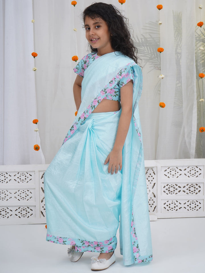 Girls Blue Chanderi Semi-Silk Saree Set with Floral Butterfly Blouse | SHOBITAM