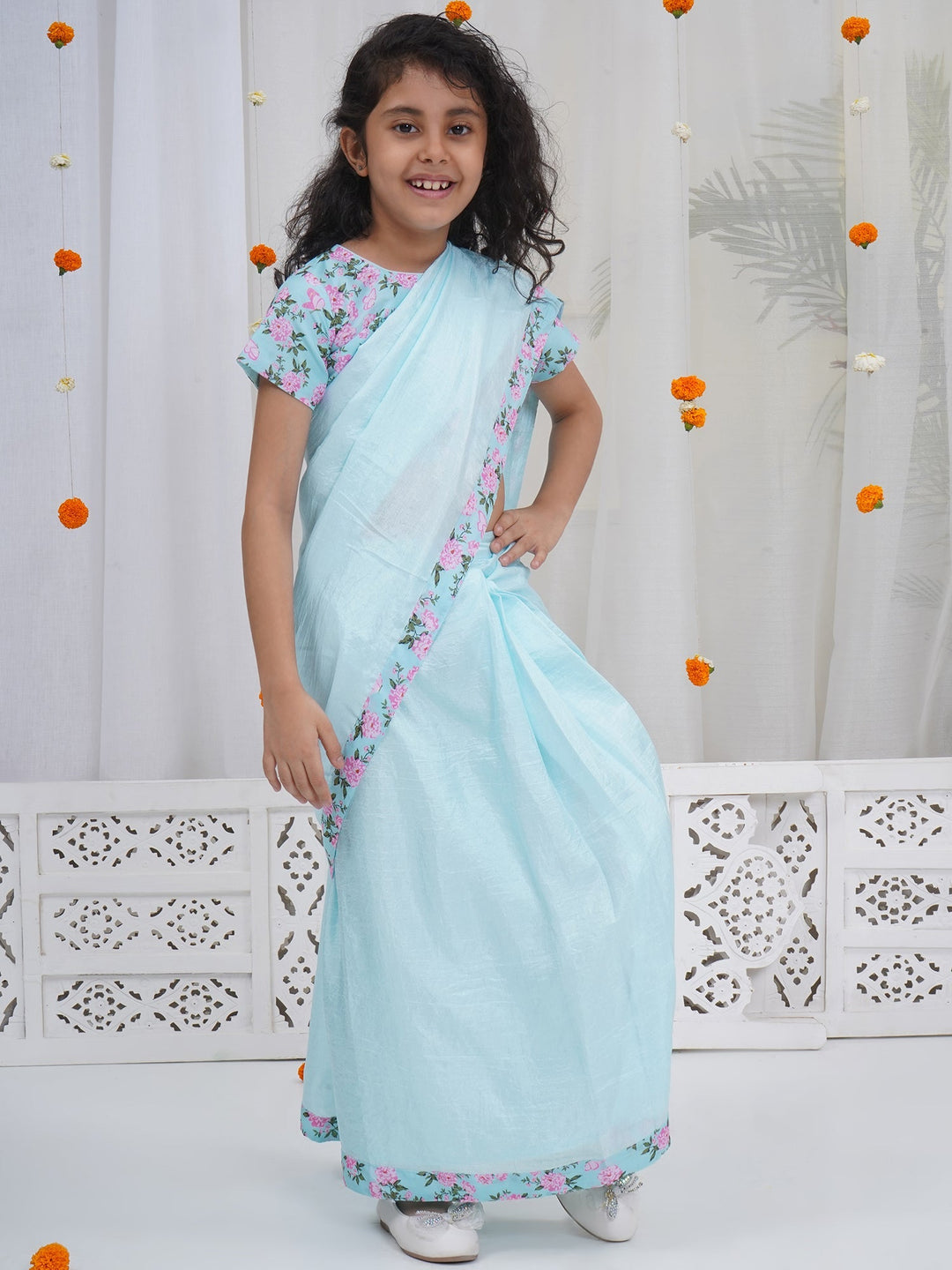 Girls Blue Chanderi Semi-Silk Saree Set with Floral Butterfly Blouse | SHOBITAM