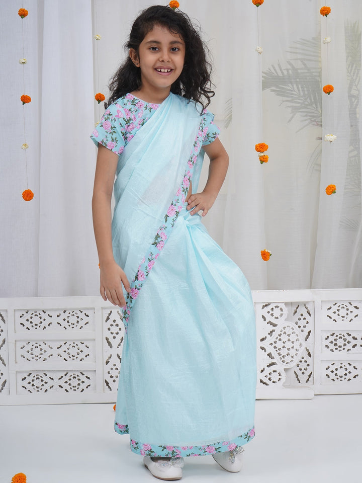 Girls Blue Chanderi Semi-Silk Saree Set with Floral Butterfly Blouse | SHOBITAM