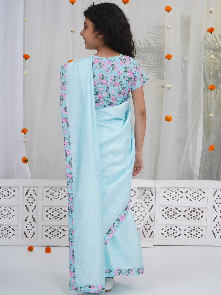 Girls Blue Chanderi Semi-Silk Saree Set with Floral Butterfly Blouse | SHOBITAM
