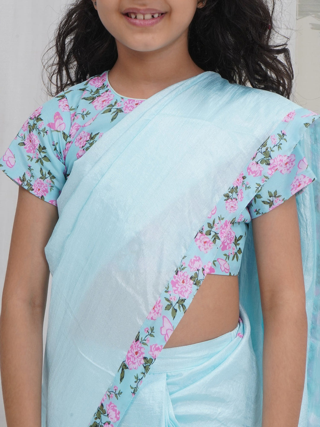 Girls Blue Chanderi Semi-Silk Saree Set with Floral Butterfly Blouse | SHOBITAM