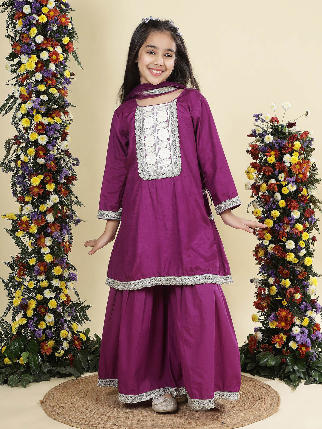 Purple Floral Embroidered Semi-Silk Kurta with Cotton Sharara and Dupatta Set | SHOBITAM